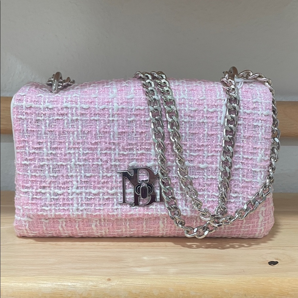Badgley Mischka Pink Tweed Shoulder Bag with Silver Chain